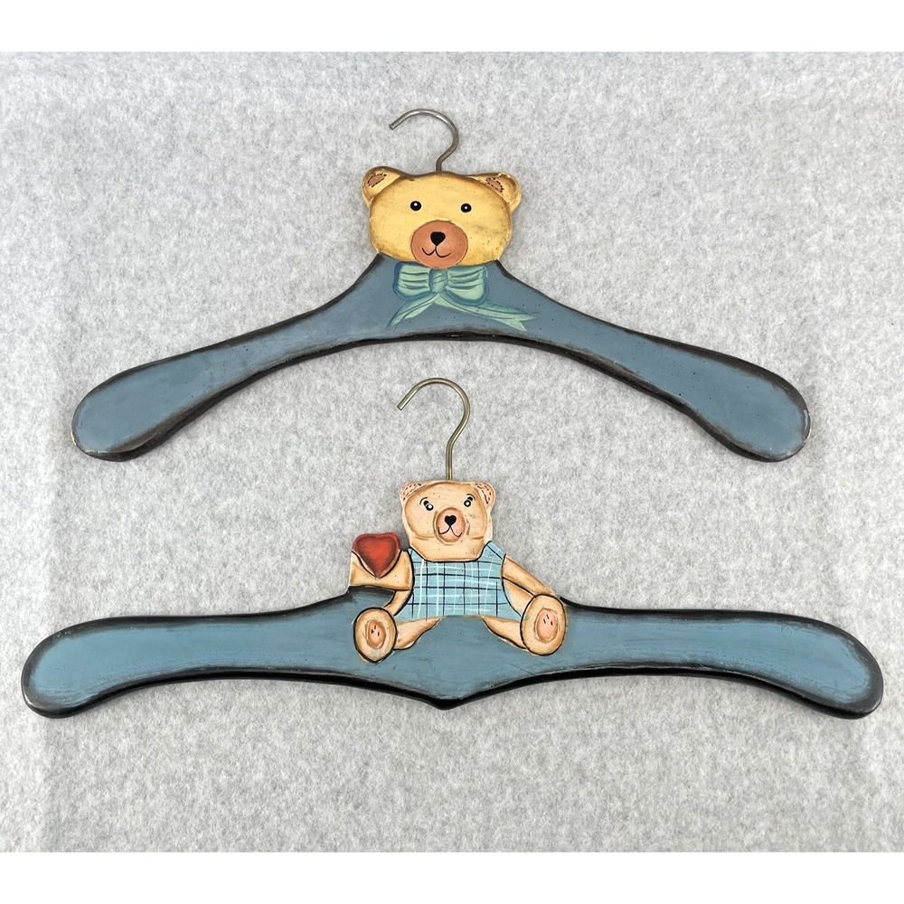 Teddy Bear Closet Hangers Wooden Hand Painted 90s Blue Set Of 2 Nursery Decor‎